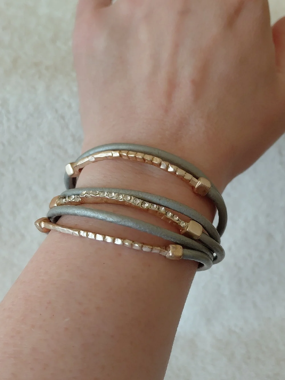 Multi-Strand Gray Leather and Gold Bracelet with Crystal Accent